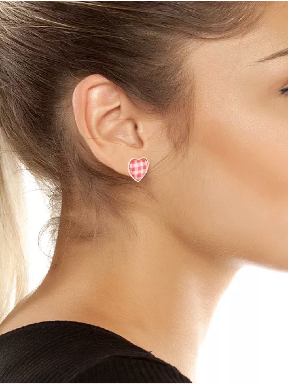 Betsey Johnson Backyard Gingham Heart Stud Earrings - Picture 2 of 6